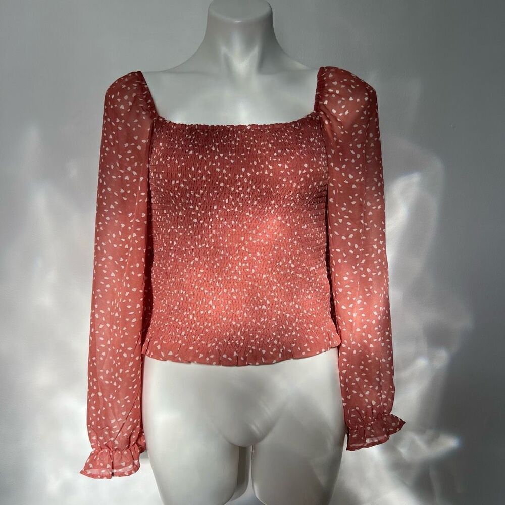 Lush Stitch Fix Smocked Sheer puff sleeve pink top